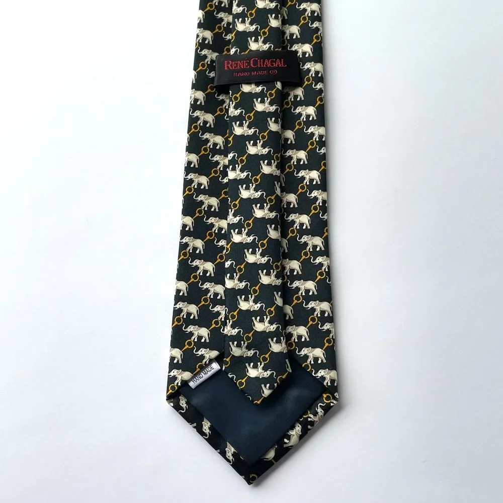 Rene Chagal Black Elephant Print Hand‎ Made 100% Silk Neck Tie Novelty Neckwear